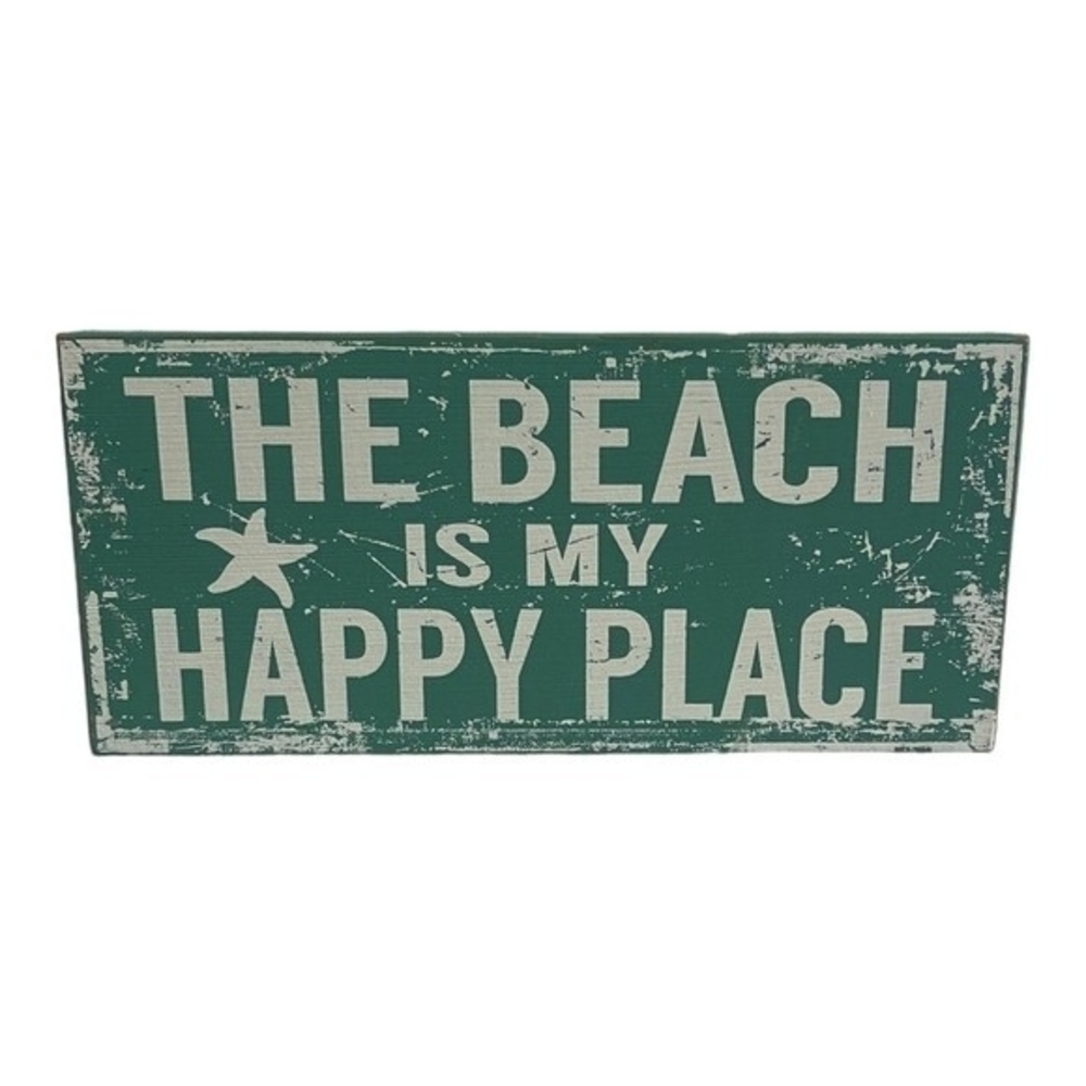 The Beach is My Happy Place Wood Sign 11x5 Coastal Wall Decor Turquoise White G+